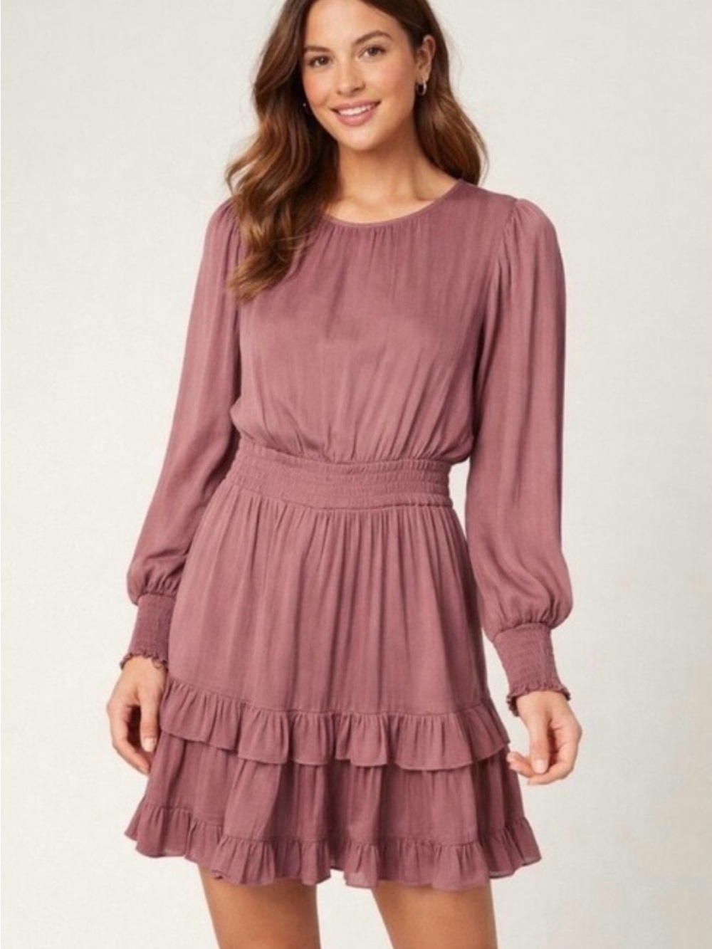 Evereve Dusty Rose Smocked-Waist Long Sleeve Ruffle Mini Dress